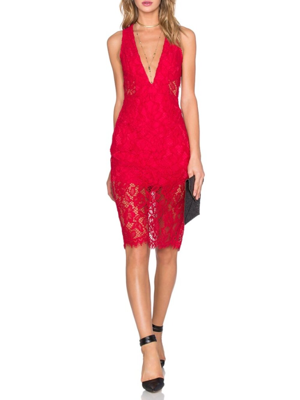 X by NBD REVOLVE Scarlett Red Plunging Lace Eyelash Hem Midi Dress 0 NWT